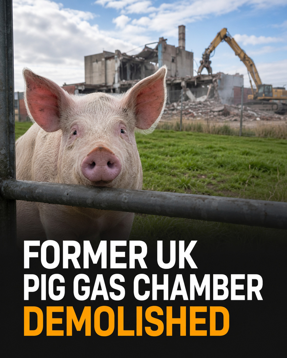 Pig in front of a demolished generic industrial facility