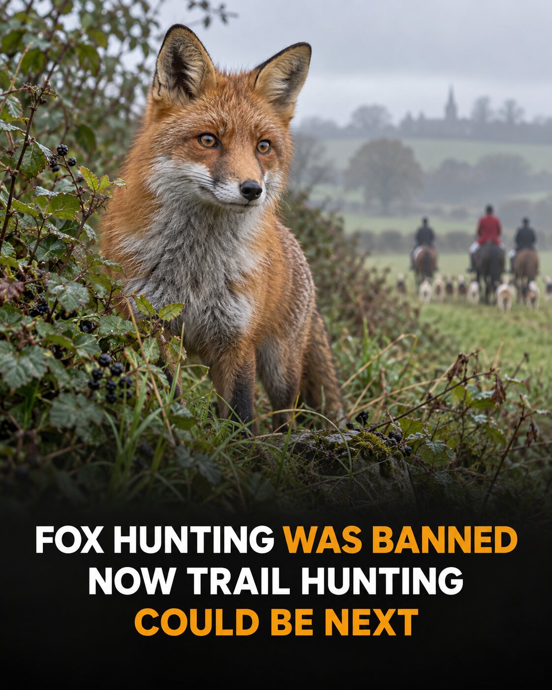 A red fox in an English hedgerow with distant riders and hounds, above a headline about the proposed trail-hunting ban