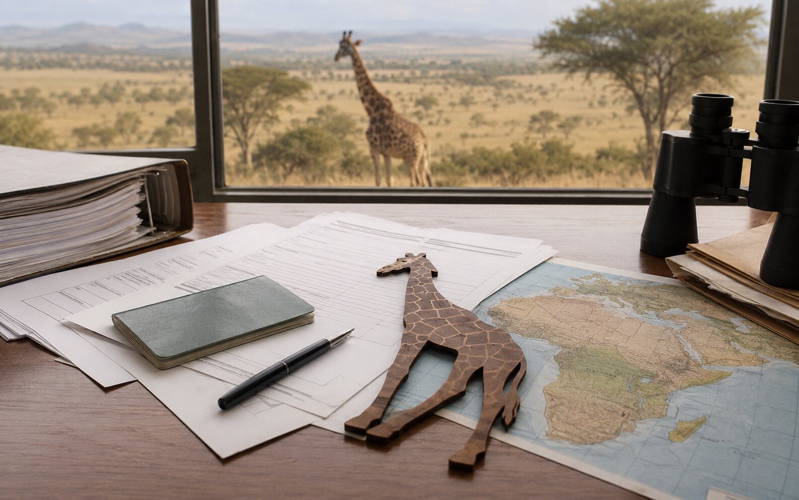 Wildlife paperwork, an Africa map and a giraffe visible beyond a window