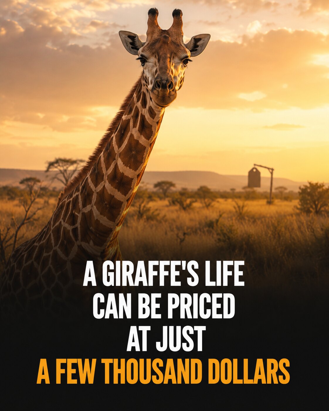Living giraffe in the savanna with a headline about trophy-hunting prices