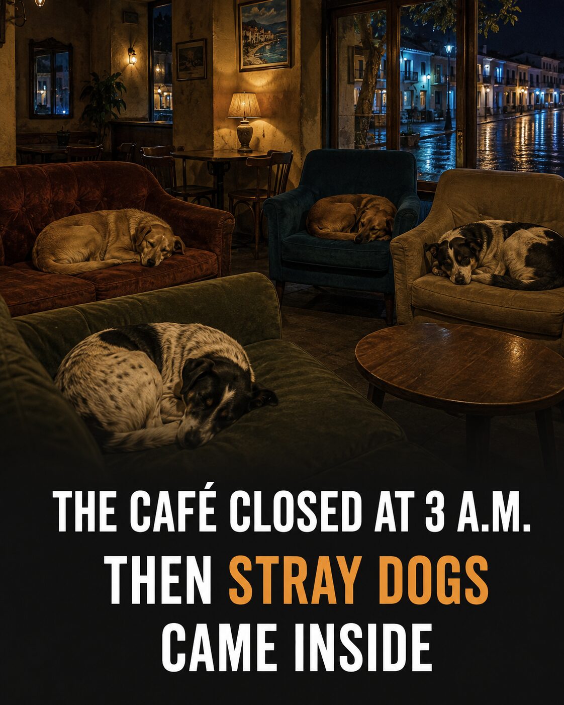 Illustration of stray dogs sleeping inside a warm Greek café after closing