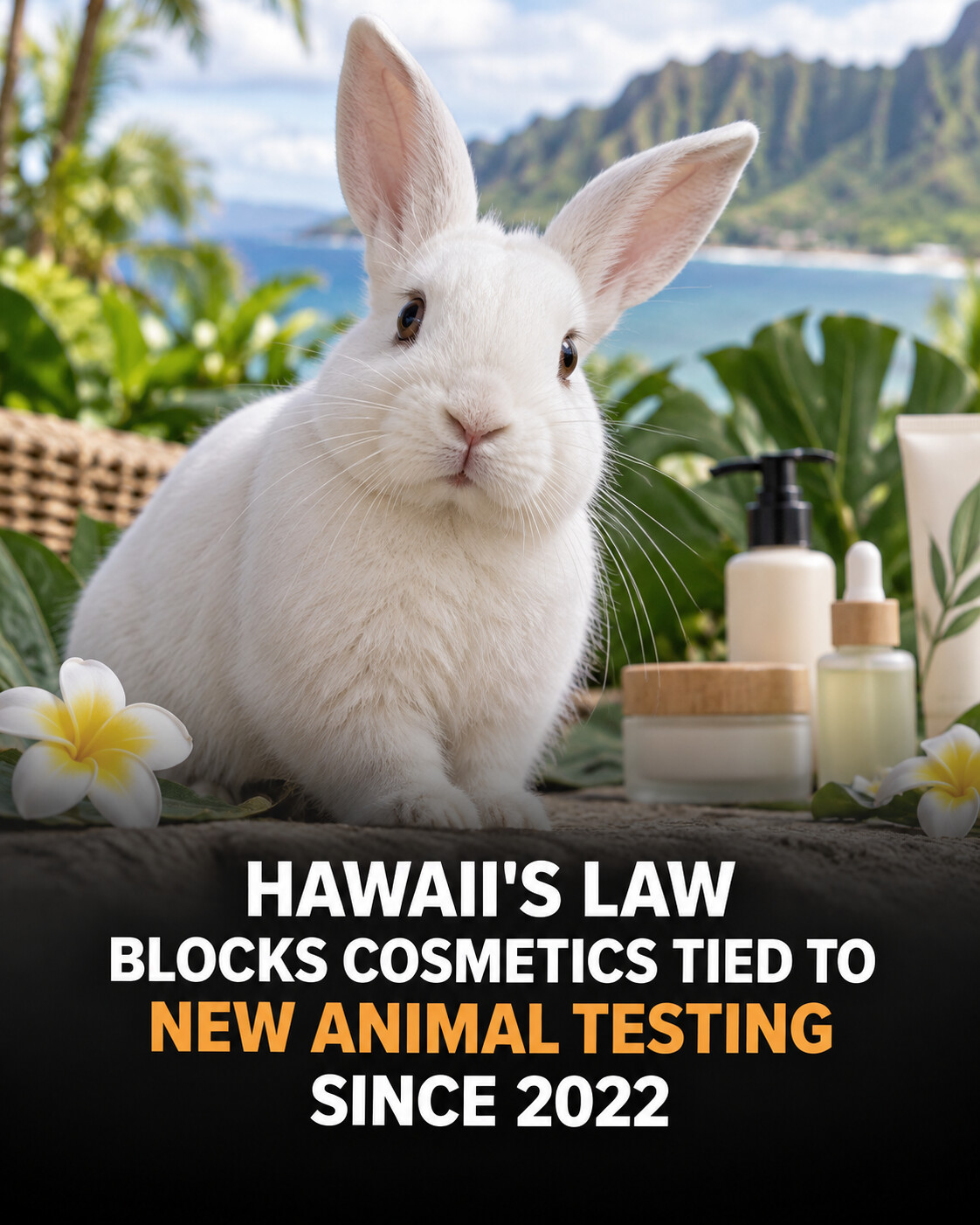 White rabbit beside cosmetics against a Hawaii landscape above a headline about the state's 2022 law