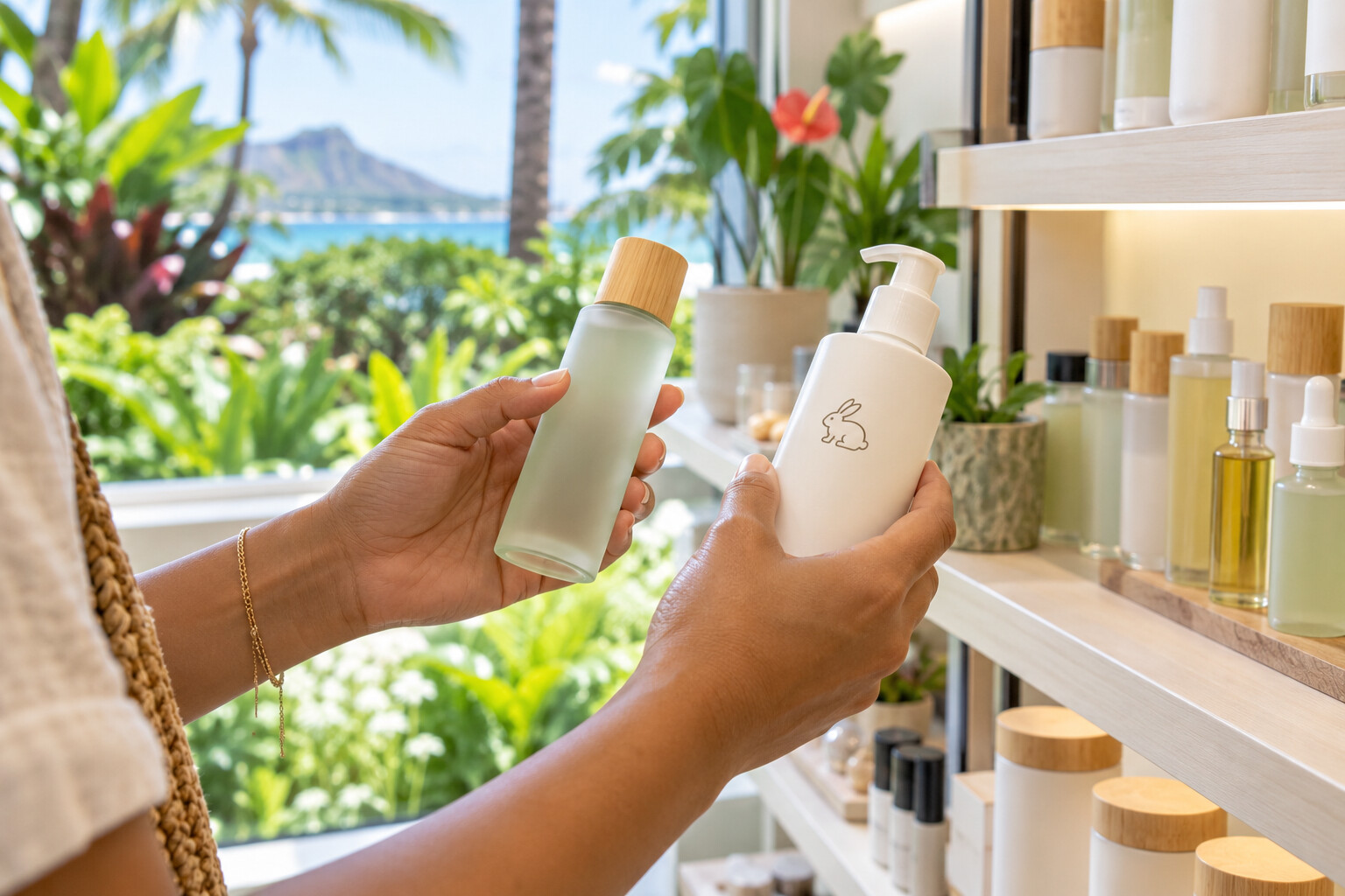 A shopper comparing unbranded skincare products in a bright Hawaii store