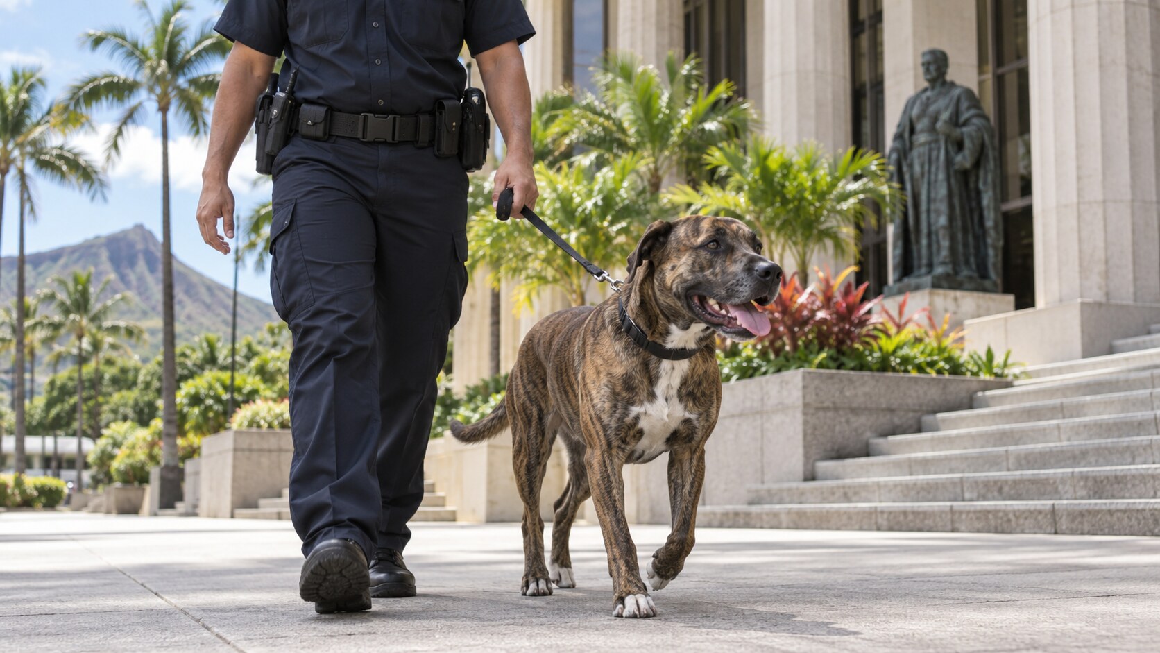 An animal-control officer walking a rescued dog outside a Hawaii government building