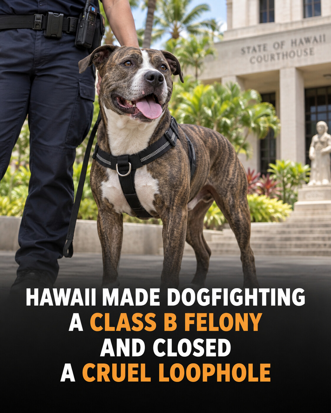 Rescued dog outside a Hawaii courthouse with headline about the 2011 dogfighting law