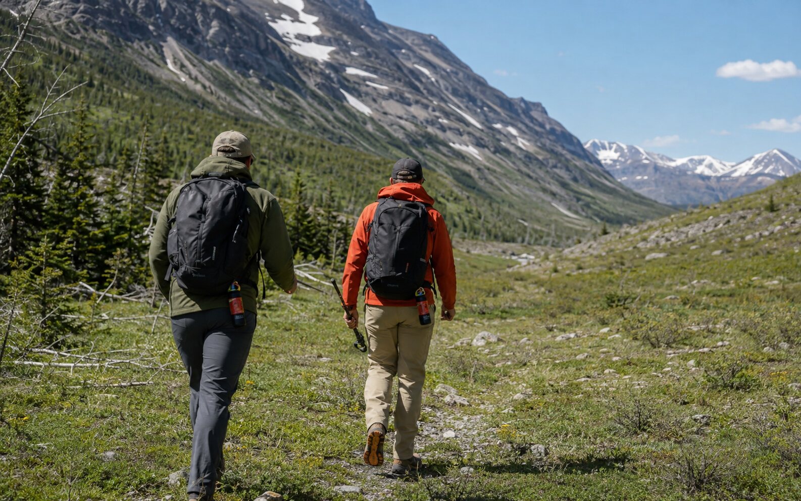 Two hikers traveling together with bear spray accessible at their waists