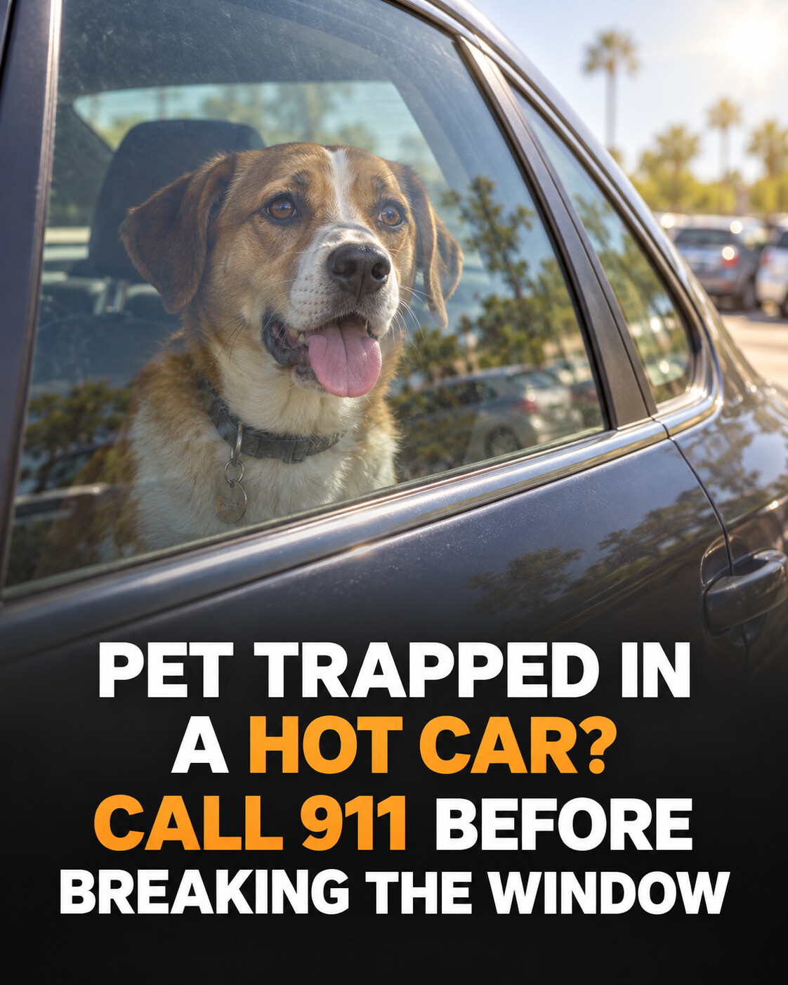 Dog trapped in a hot car with emergency guidance headline