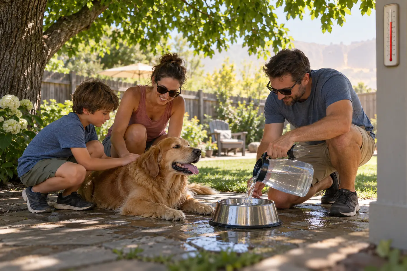 A family gives their dog fresh water in deep shade on a hot day