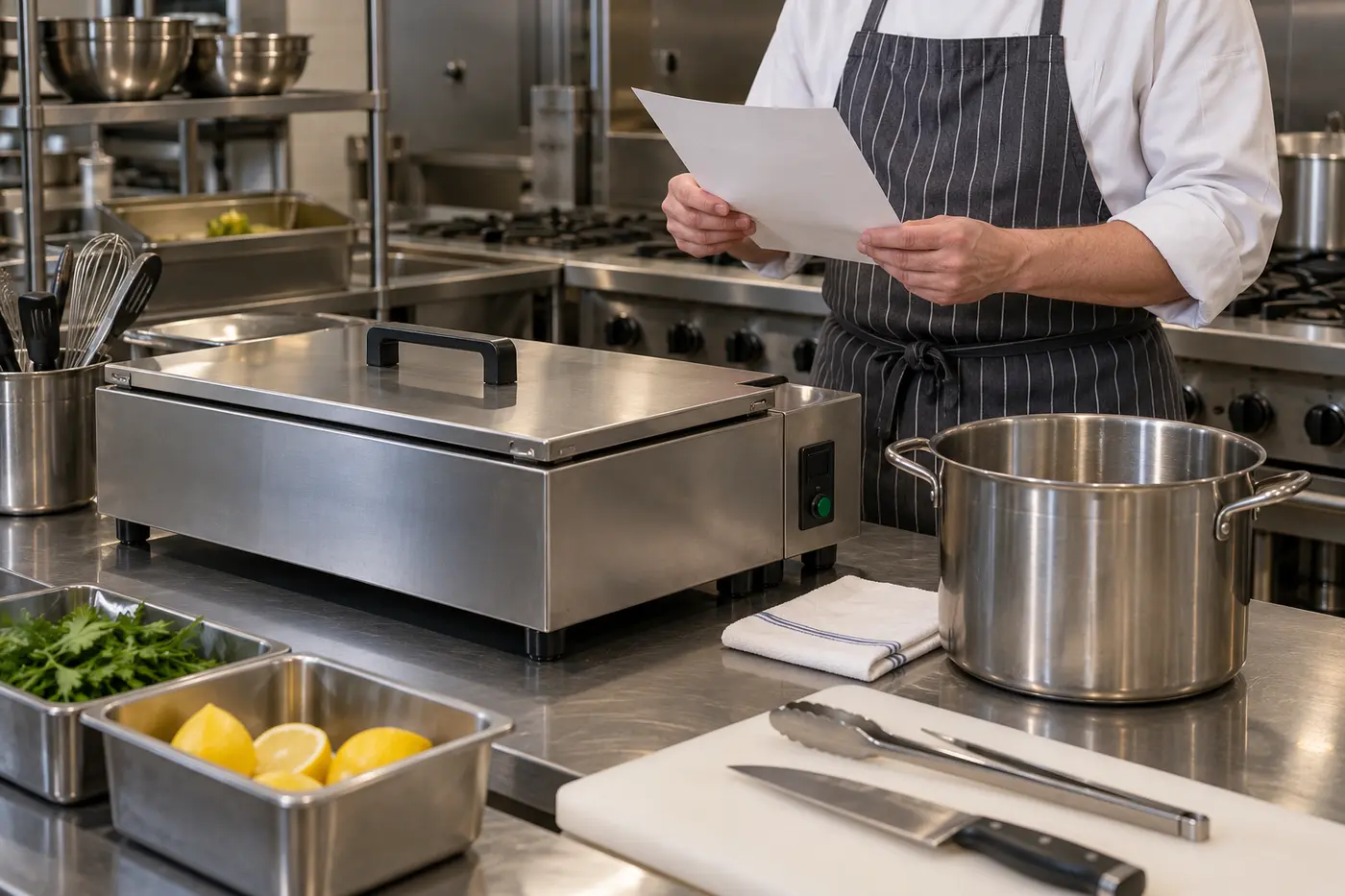 A chef reviews a procedure beside a closed crustacean stunning device and an empty pot.
