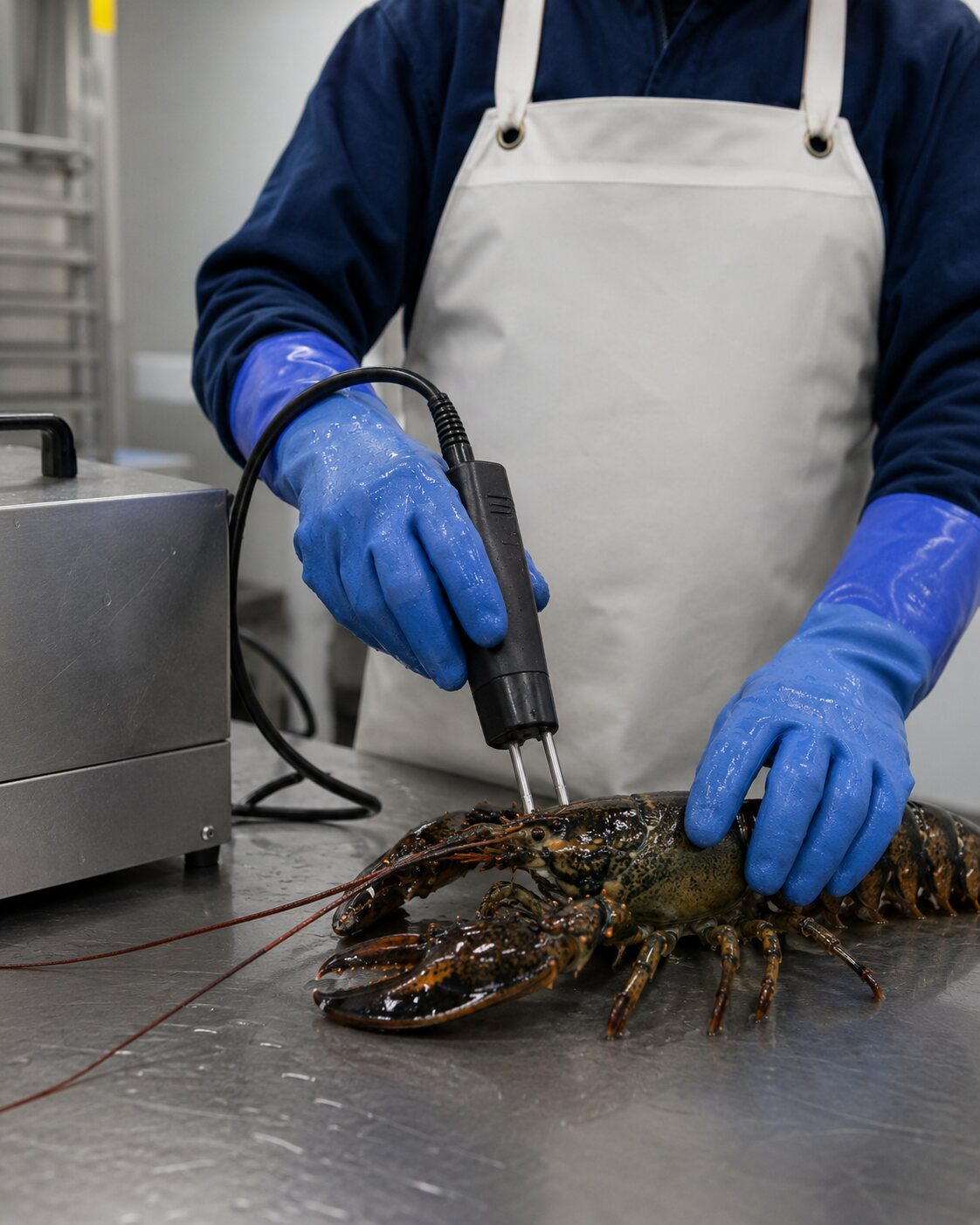 A trained seafood worker using electrical stunning equipment on a lobster