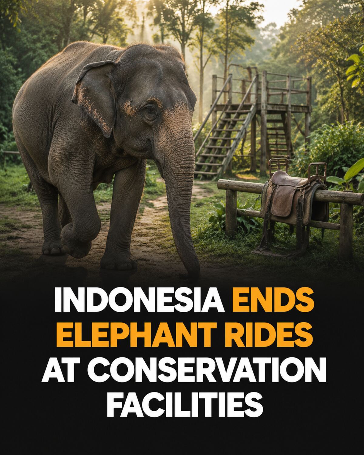 A Sumatran elephant walking without riders beside an unused tourist saddle and mounting platform