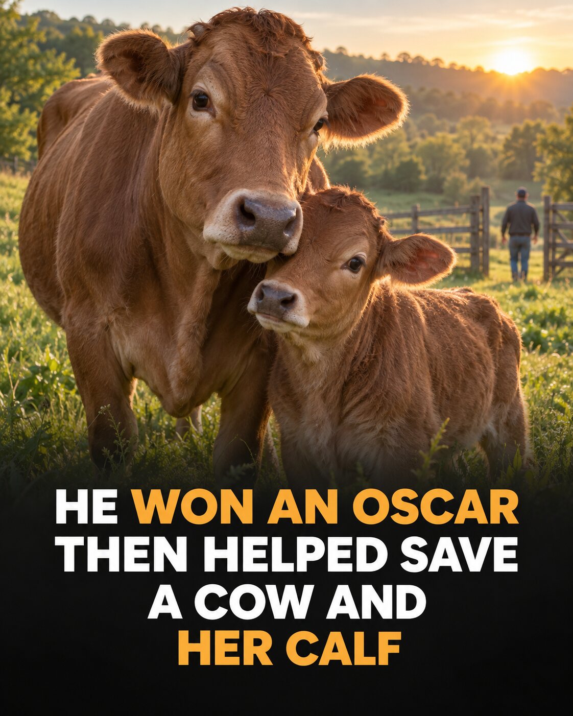 A mother cow and calf standing together in sanctuary above a headline about Joaquin Phoenix helping save them