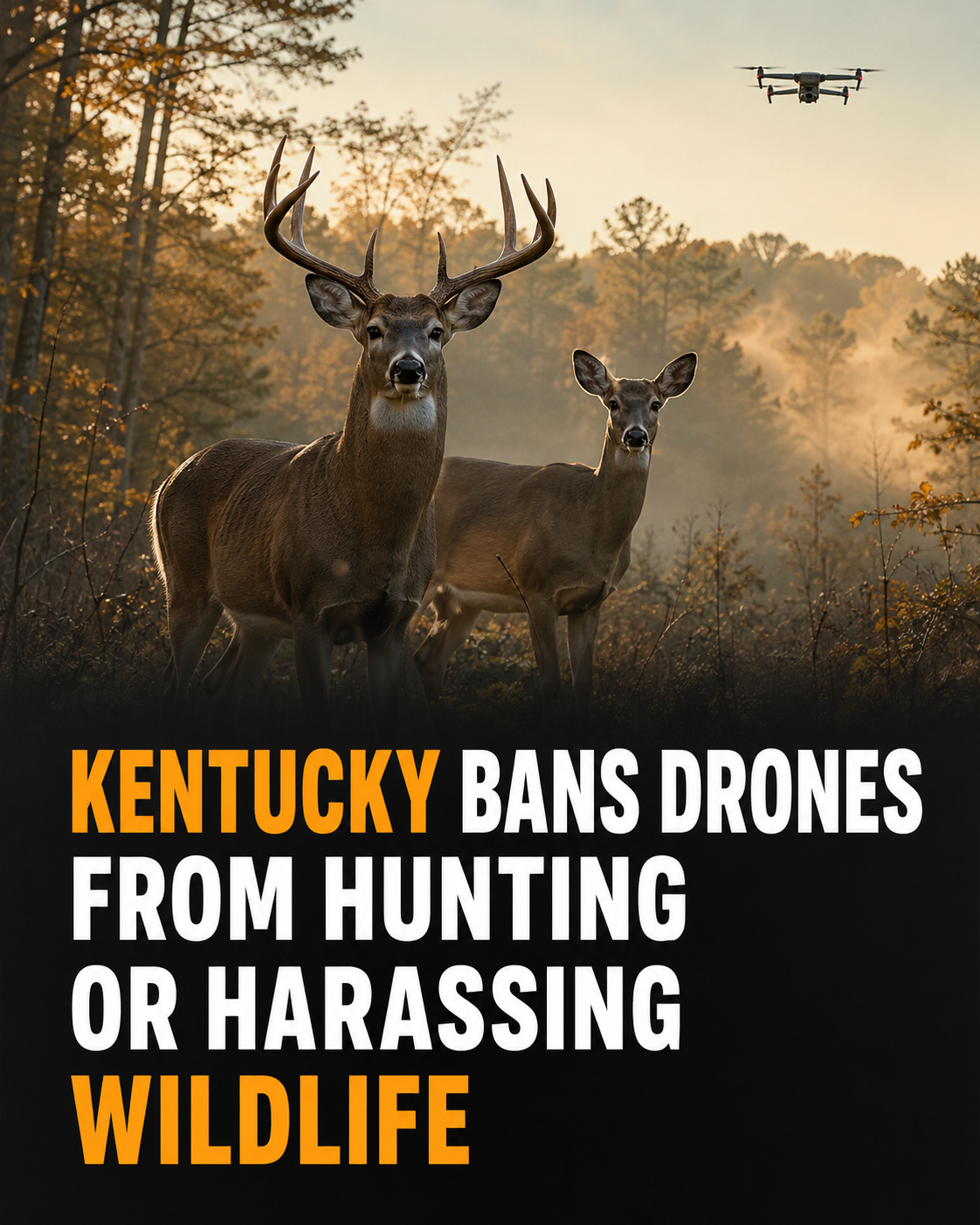 White-tailed deer in a Kentucky forest beneath a drone with a headline about the state's wildlife rule