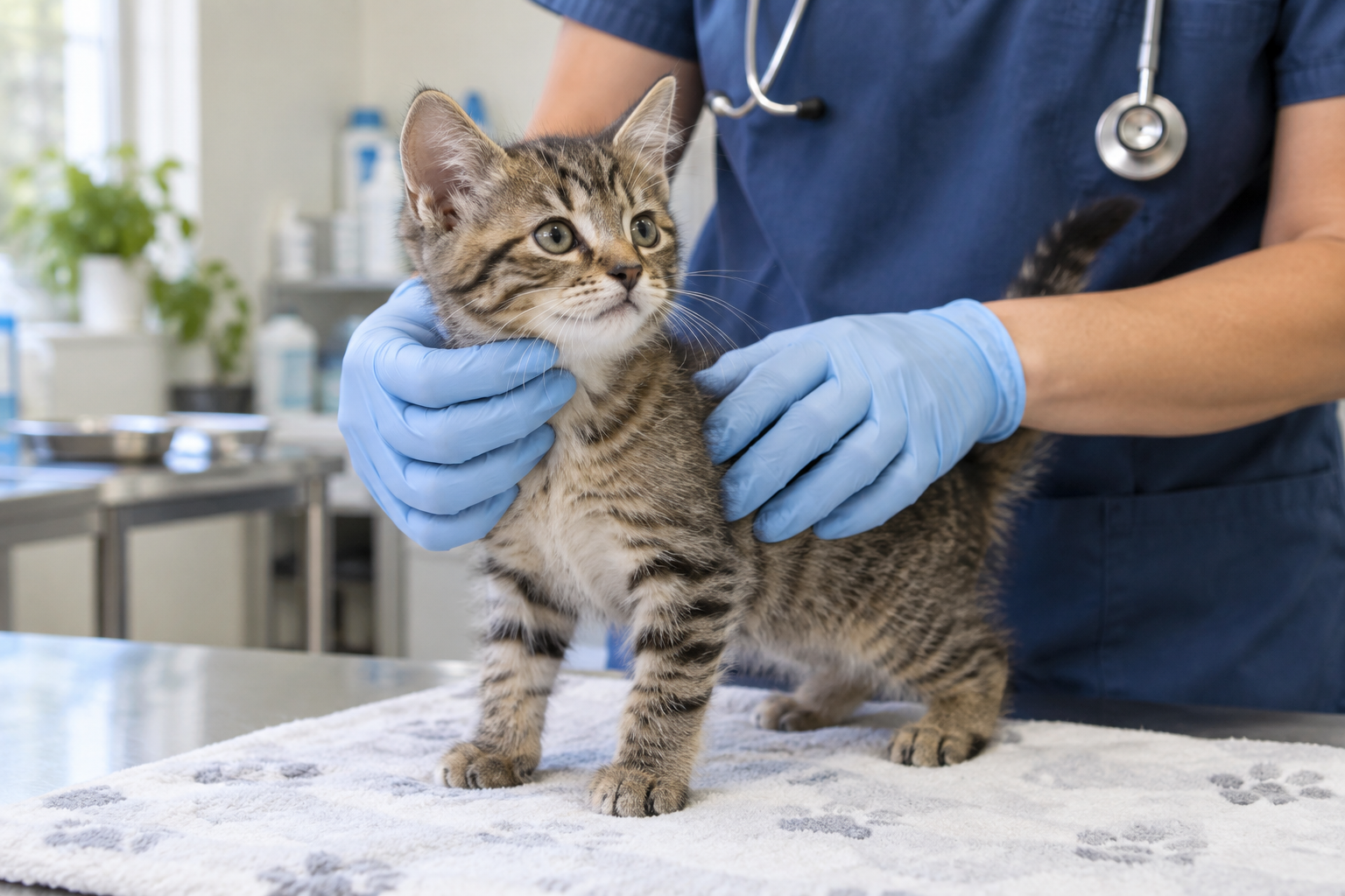 Illustrative tabby kitten receiving a gentle veterinary examination
