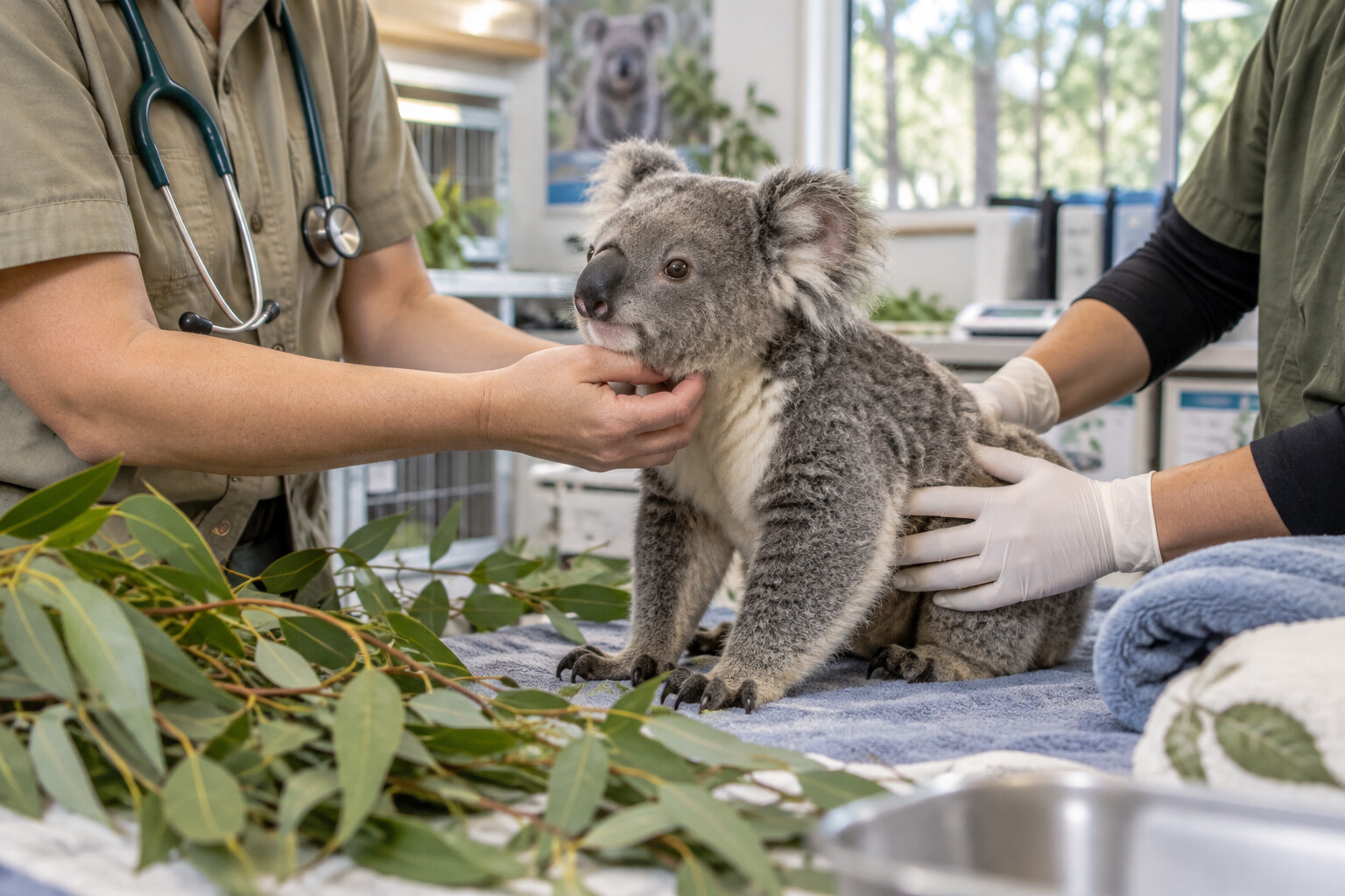 Anonymous wildlife veterinary staff gently examining a rescued koala