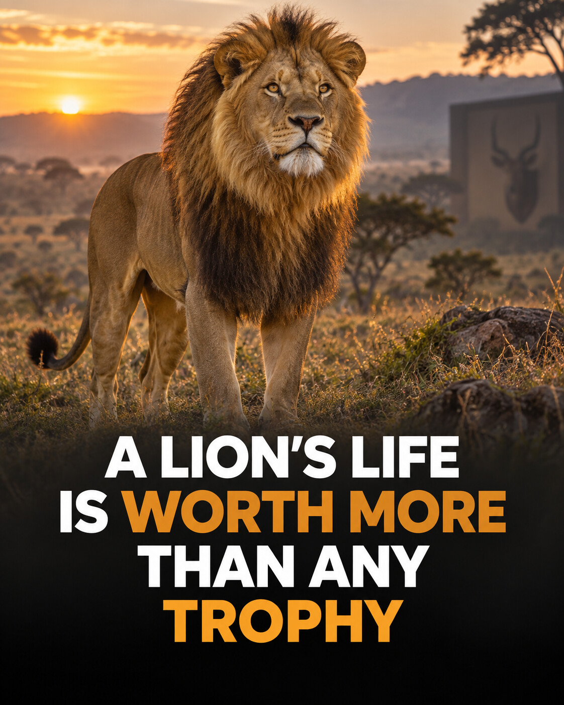 A living African lion above a headline opposing trophy hunting