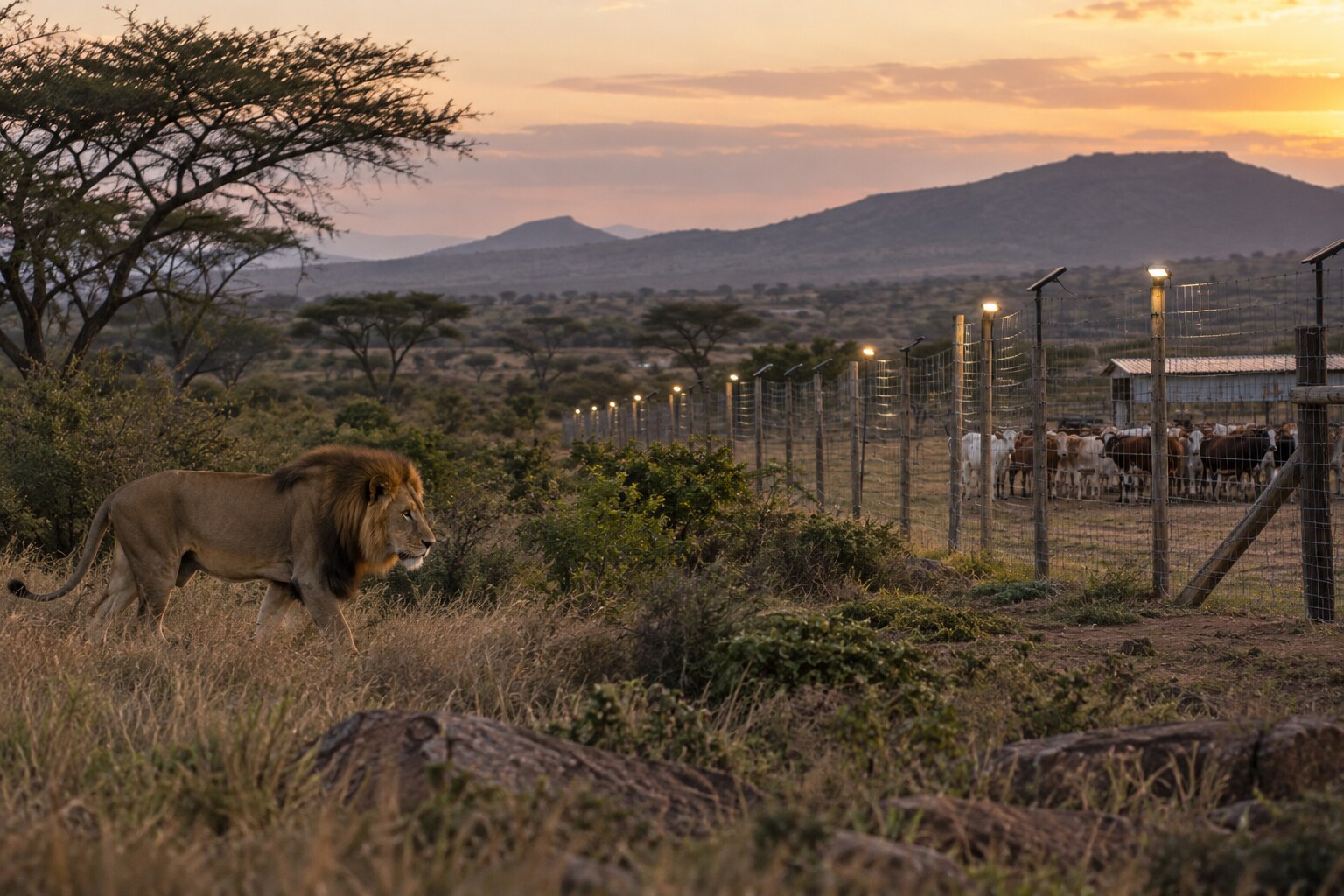 A lion near a well-protected livestock enclosure at dusk