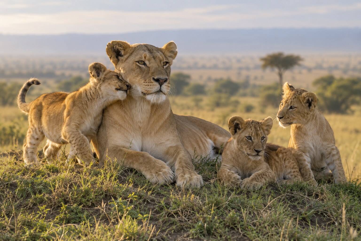 A lioness resting in the savanna with three young cubs