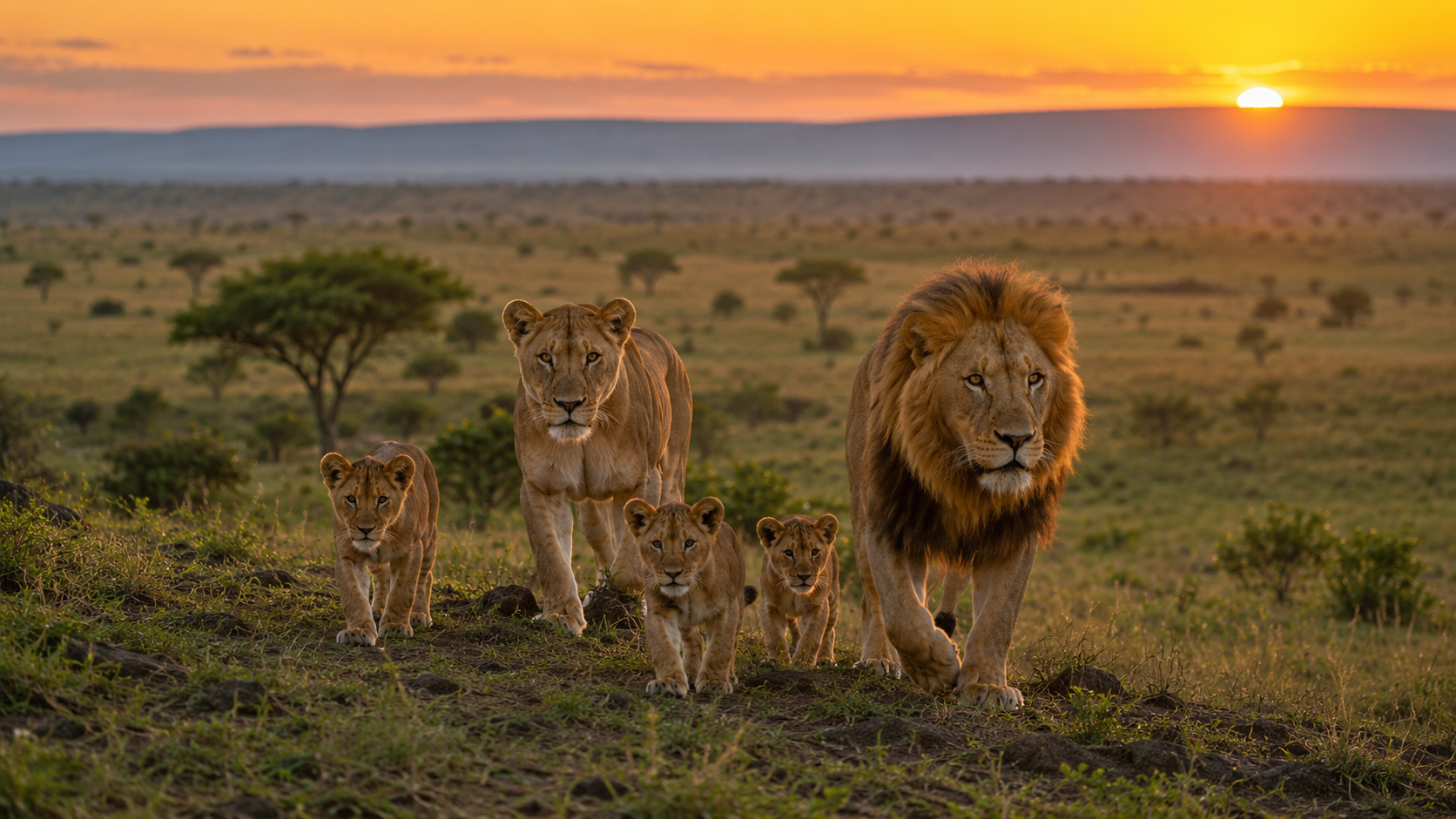 A lion, lioness and cubs walking together across the savanna at sunrise