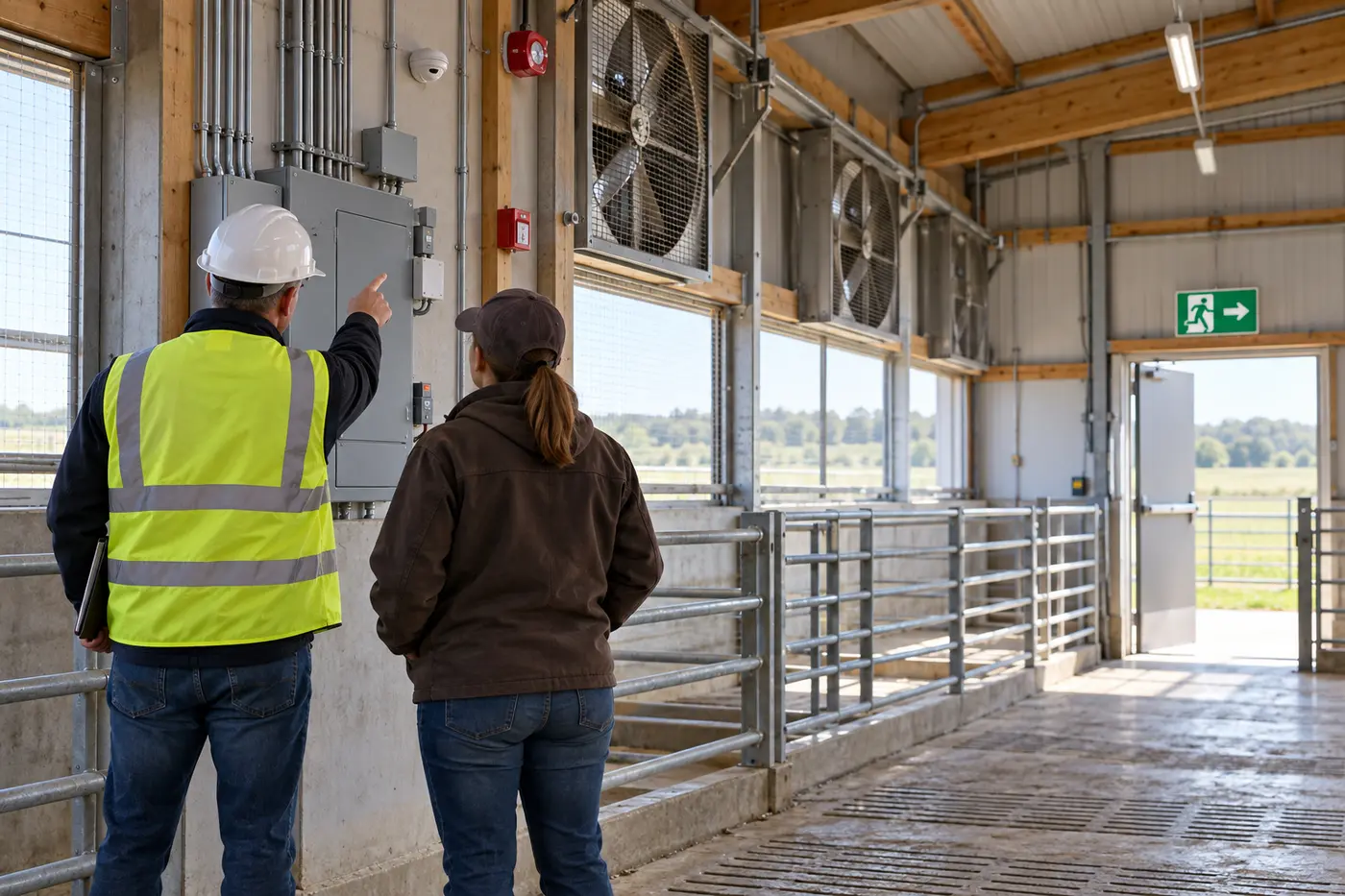 Two non-identifiable people inspect electrical and fire-safety systems inside an empty livestock barn.