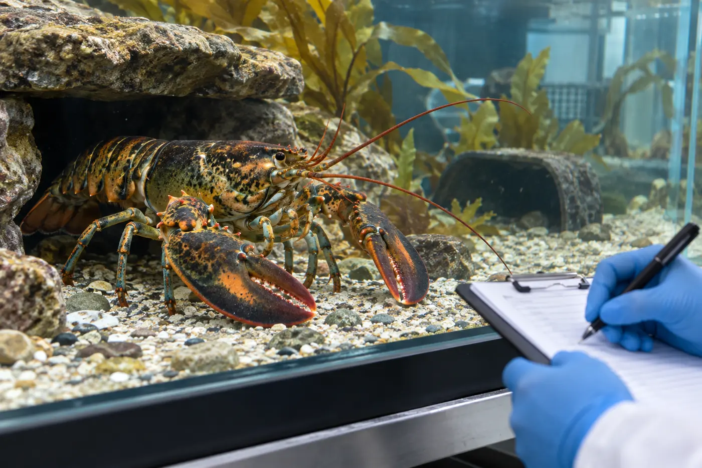 A live lobster in a marine research tank while a scientist records observations.