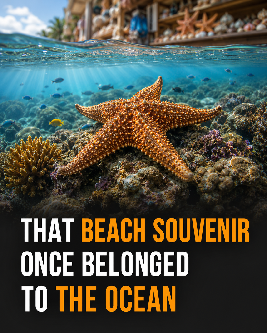 A living sea star underwater below a coastal souvenir shop with the headline That beach souvenir once belonged to the ocean