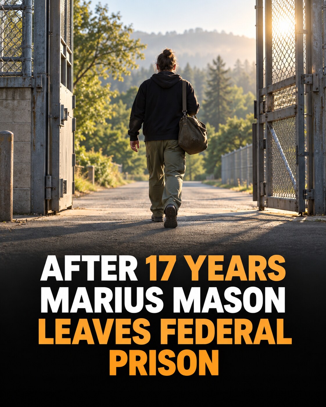 Illustration of a person leaving a prison gate after 17 years