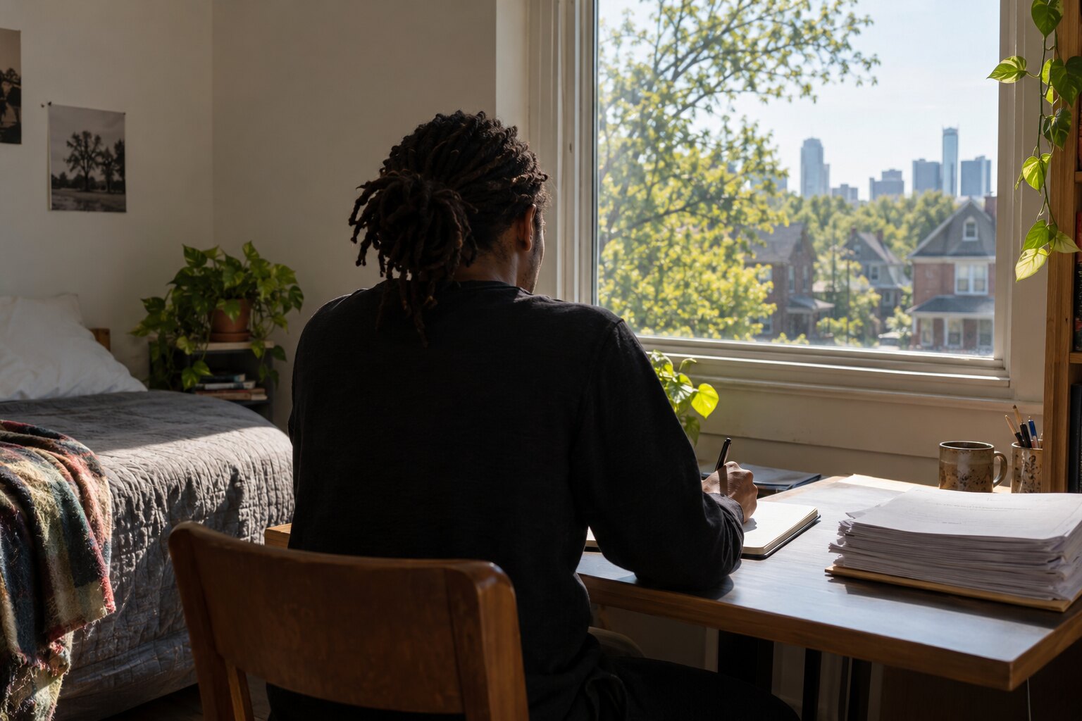 Illustration of a person writing at a desk during community reentry