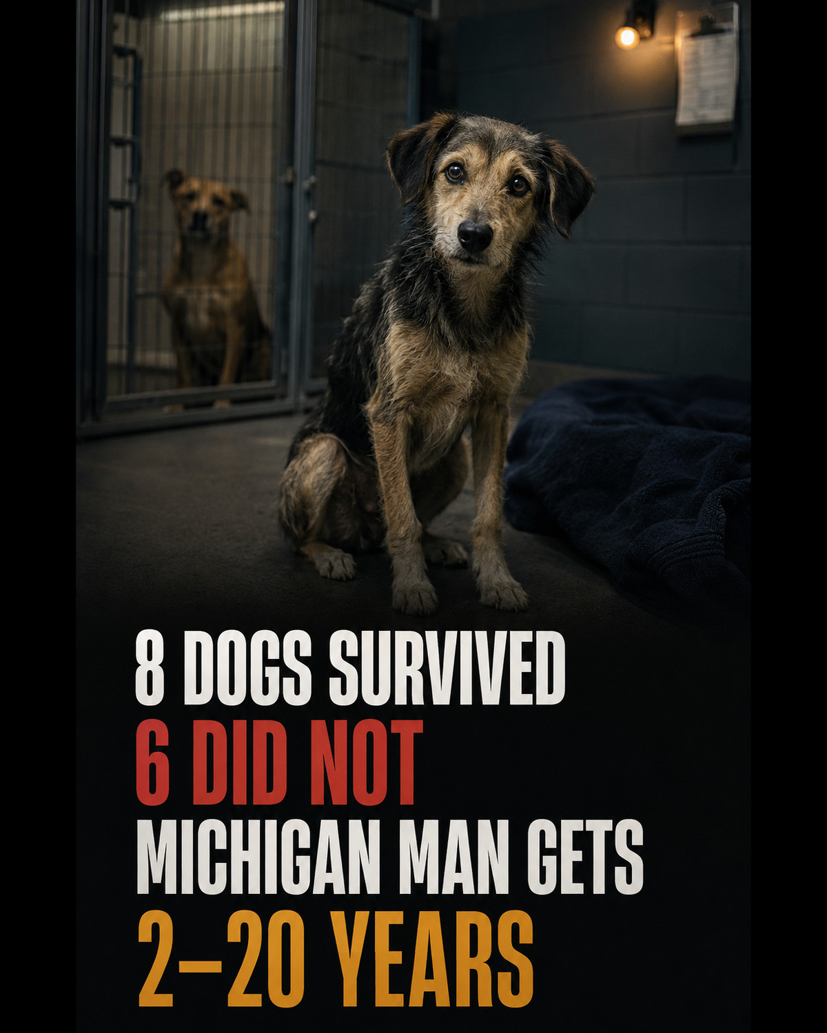 A recovering rescue dog in a shelter beneath the words 8 dogs survived, 6 did not, Michigan man gets 2–20 years.