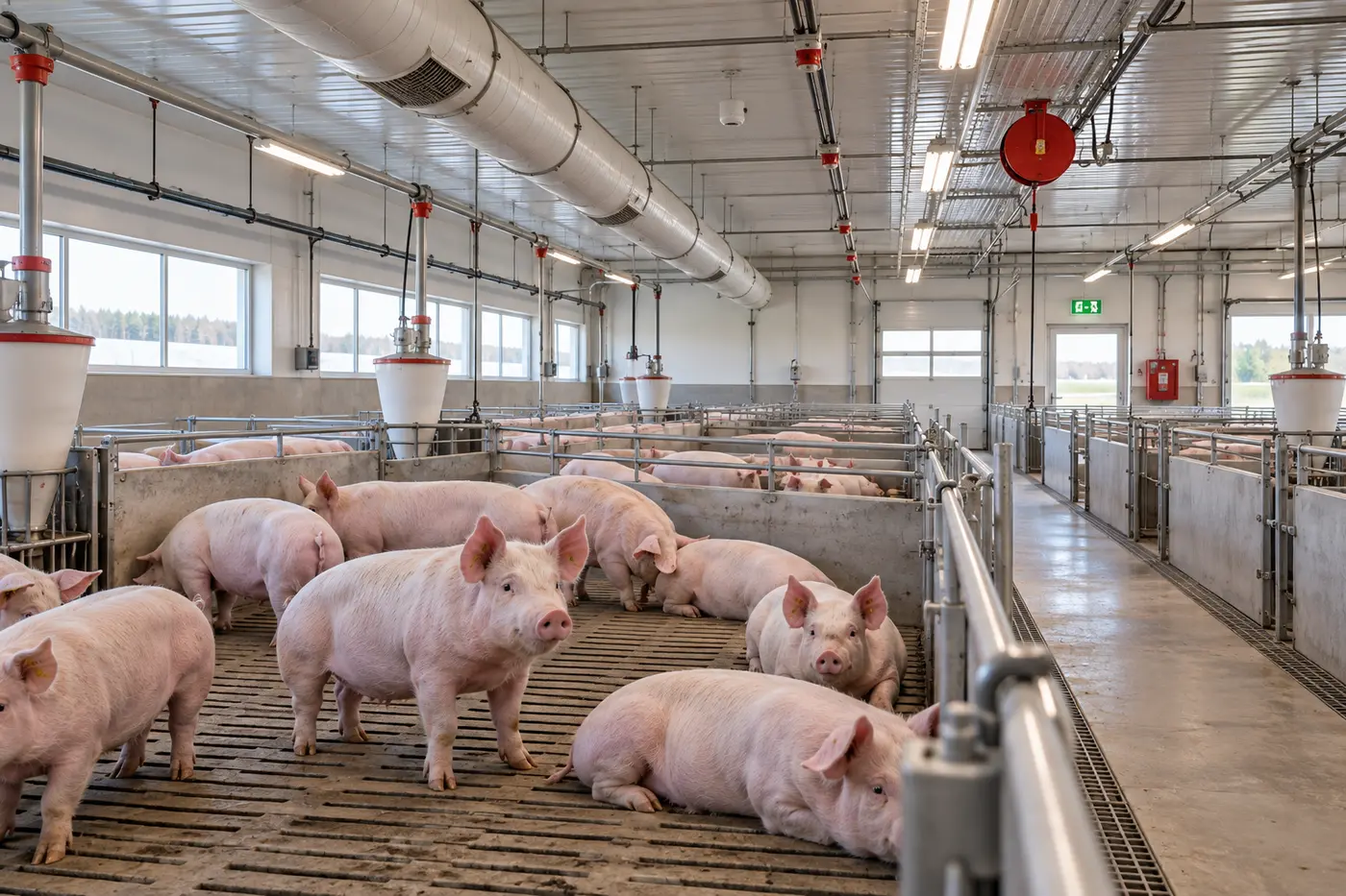 Healthy pigs inside a modern livestock barn with ventilation and emergency equipment visible.