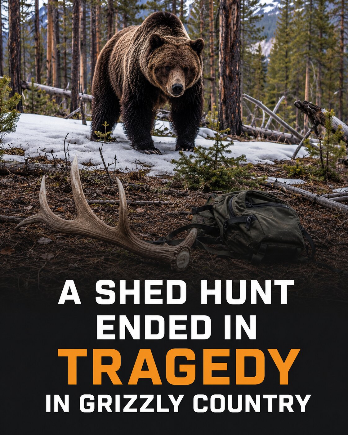 Grizzly bear in a Montana forest above a shed antler and backpack