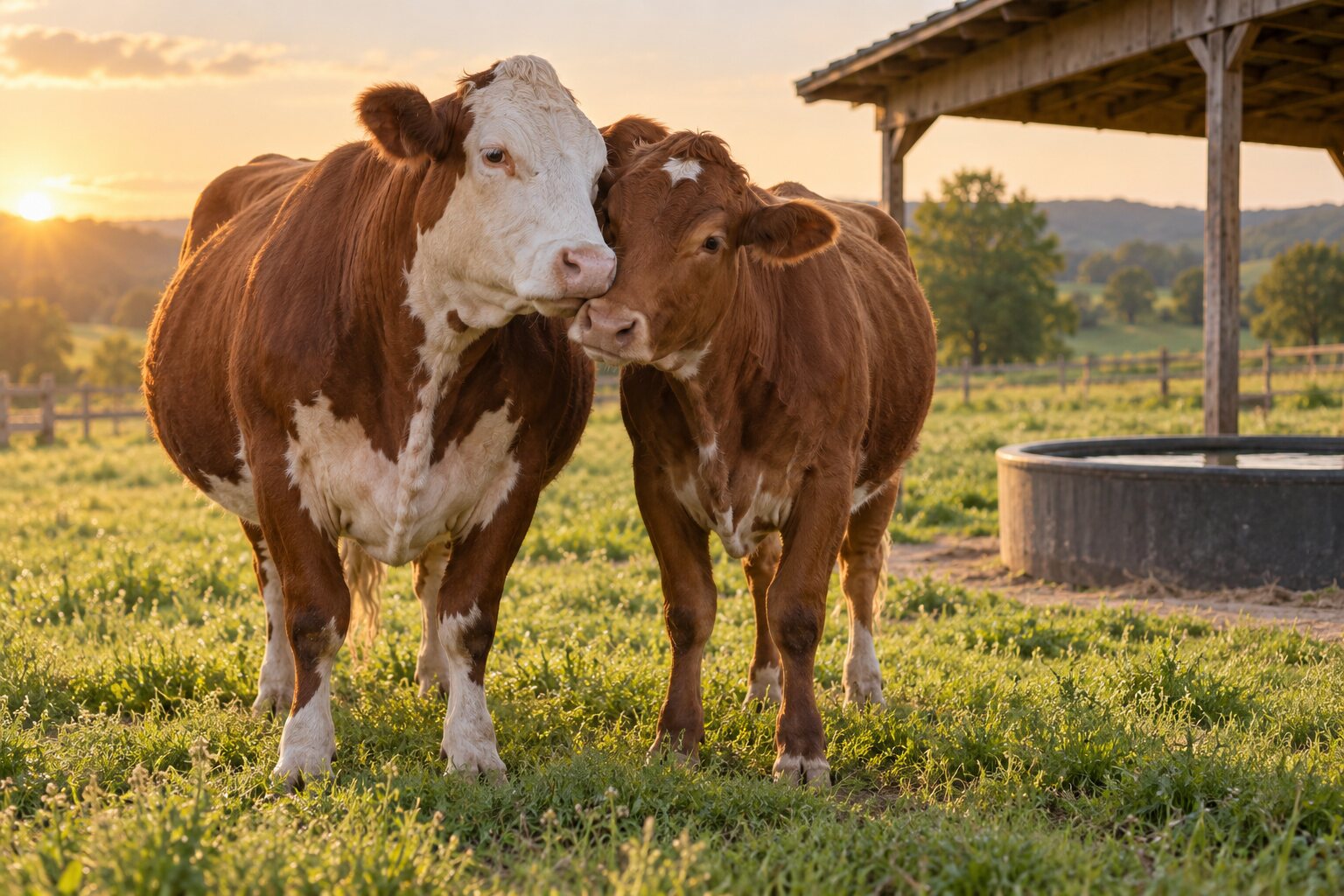 A mother cow and her grown daughter standing together in a peaceful sanctuary pasture