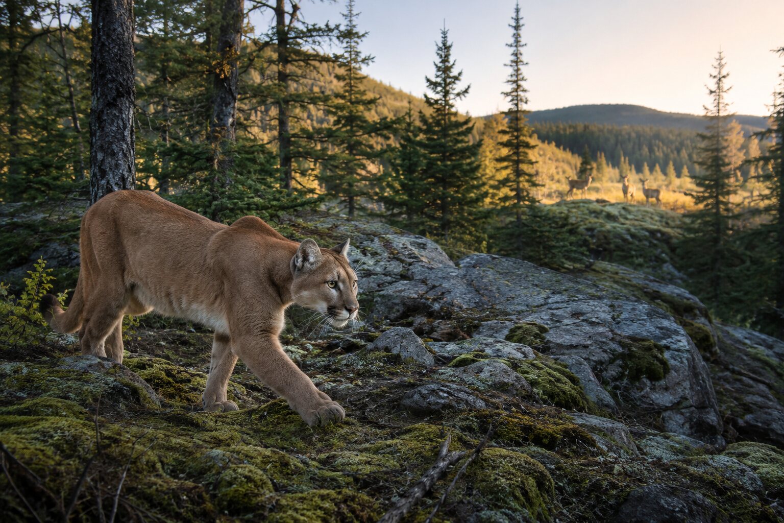 Mountain lion moving through a forest habitat with deer in the distance