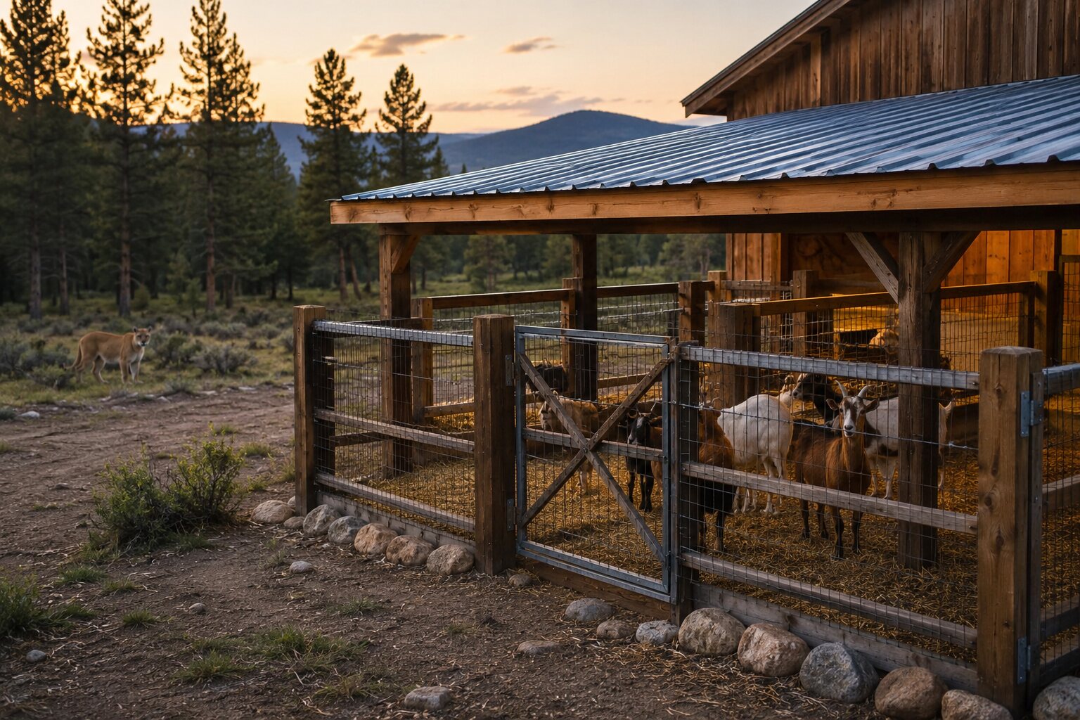 Secure livestock enclosure with a mountain lion at a distance