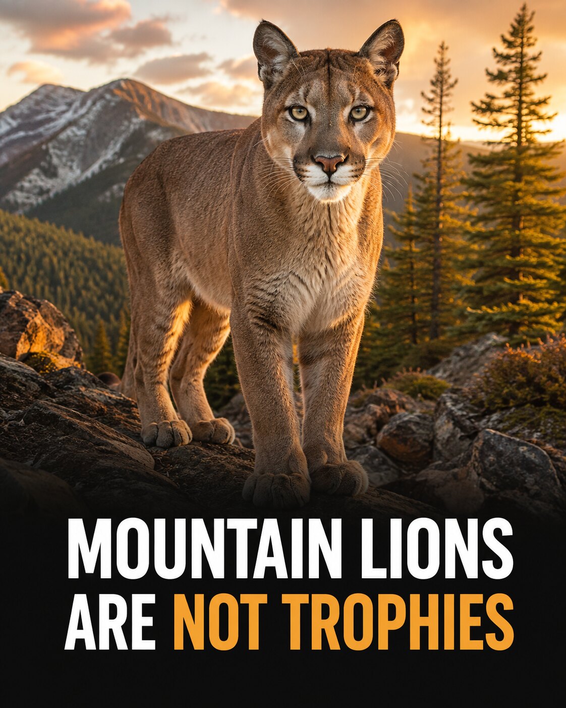 Mountain lion standing on a rocky forest ridge