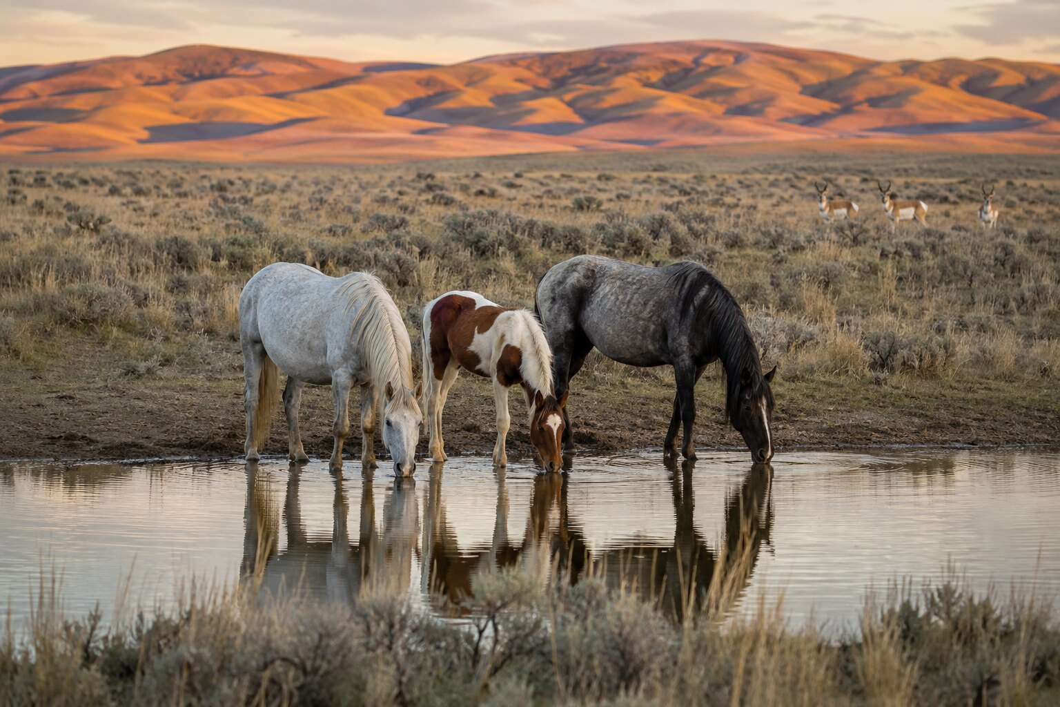 An illustrative scene of rescued mustangs drinking from a pond in northwest Colorado.