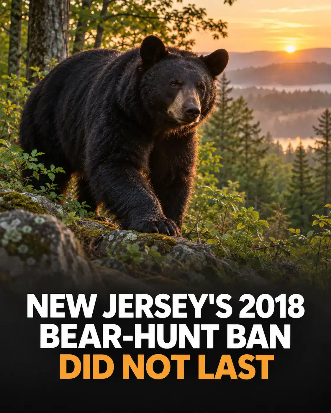 Black bear above a headline explaining that New Jersey's 2018 public-land bear-hunt ban did not last
