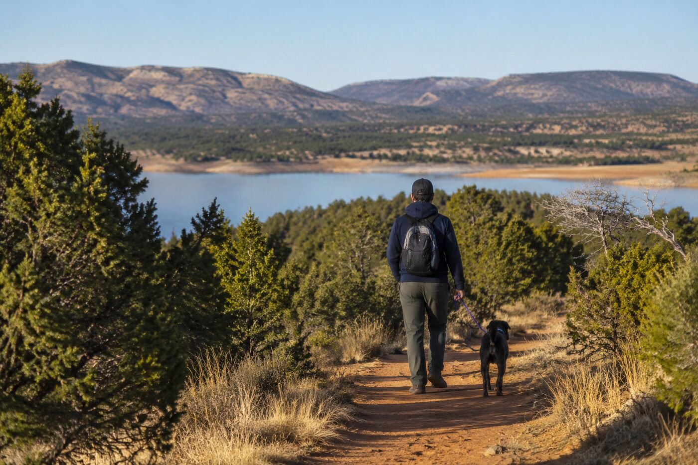 A leashed dog and hiker walking on a high-desert trail overlooking a reservoir