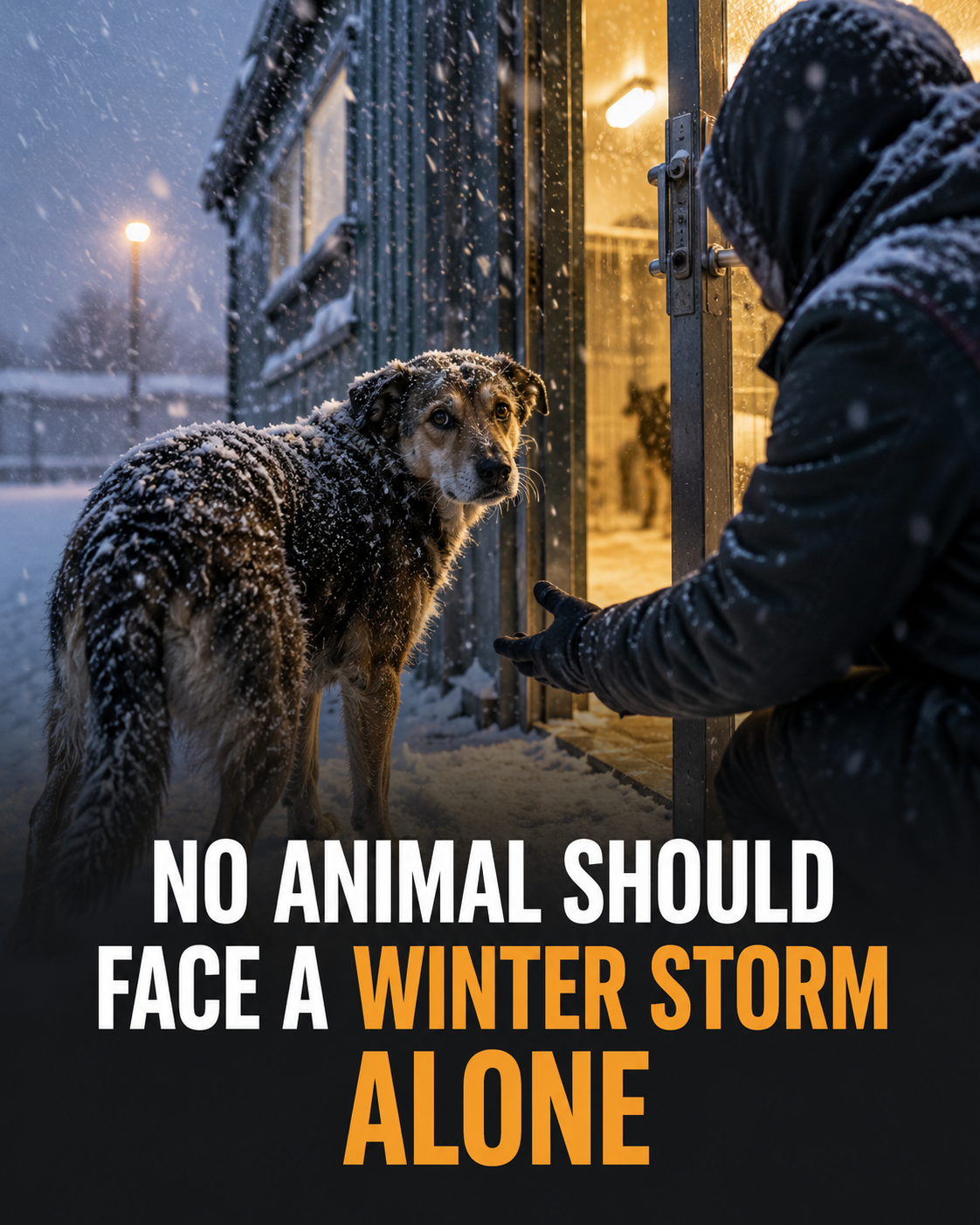 A stray dog in a snowstorm being welcomed into a warm emergency animal shelter