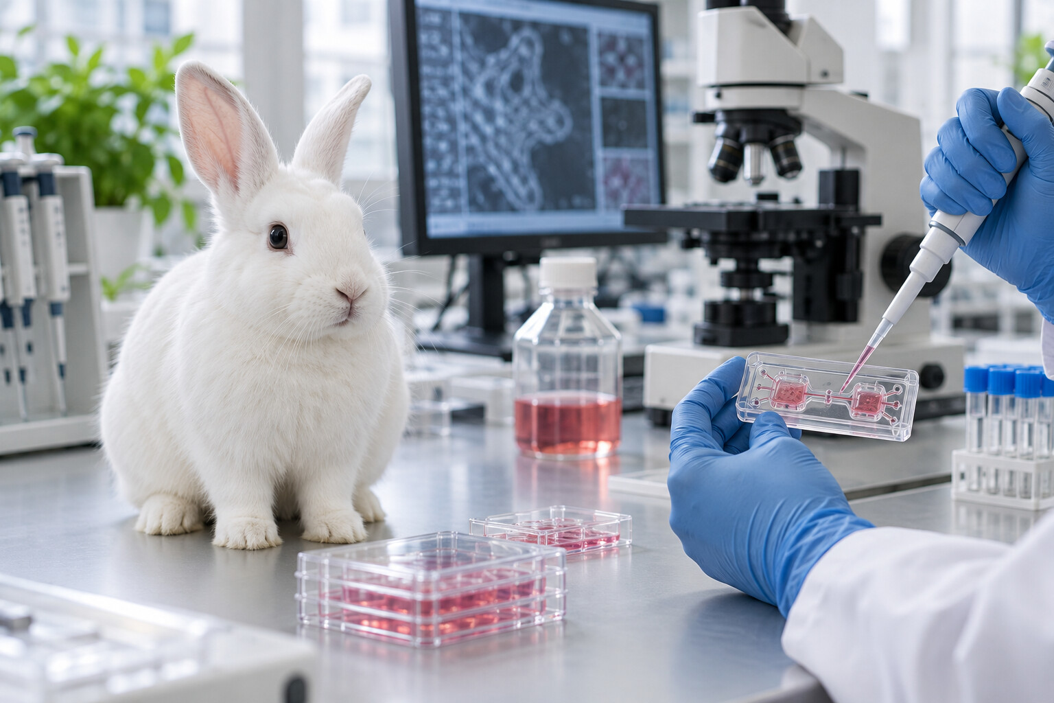 A healthy white rabbit beside a scientist using an organ-on-chip device in a modern laboratory