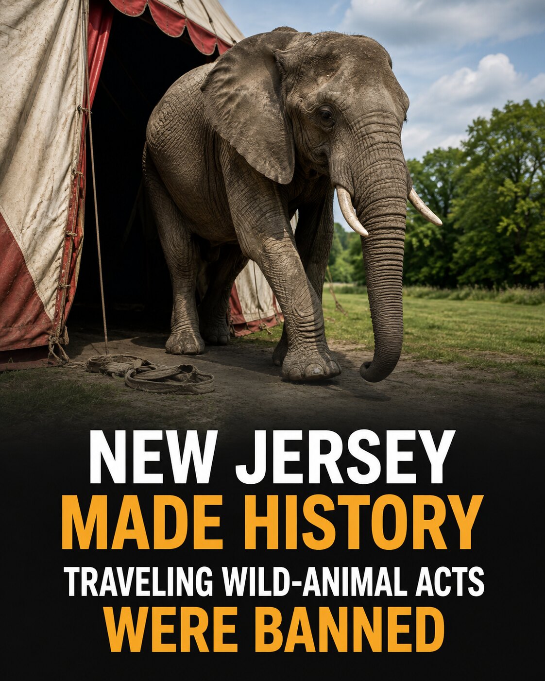 An elephant walking out of a traveling circus tent toward open daylight