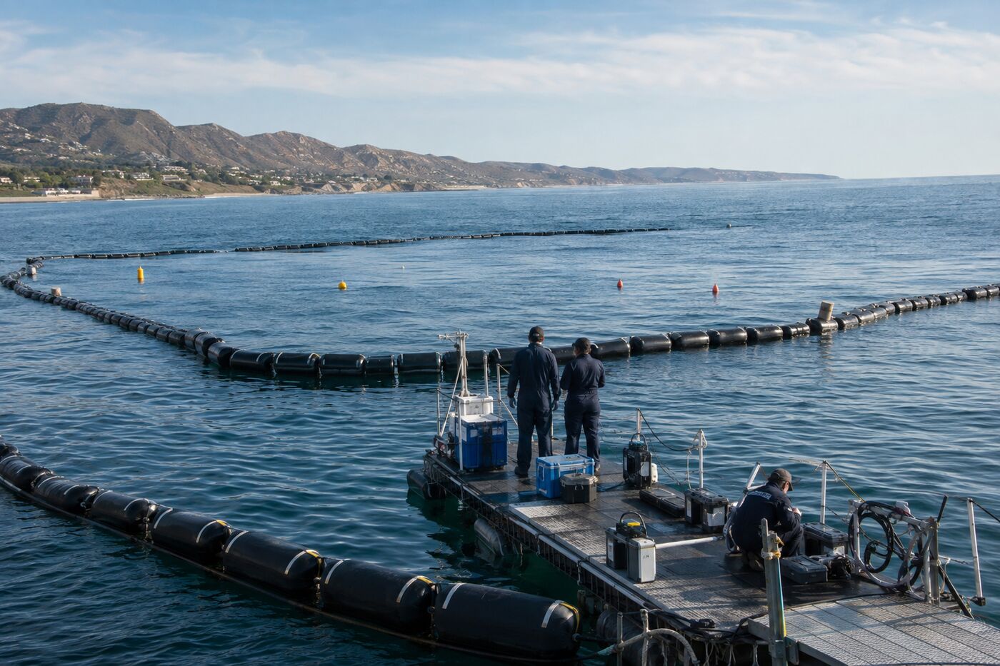 An open-water sea pen with animal-care staff checking equipment from a dock