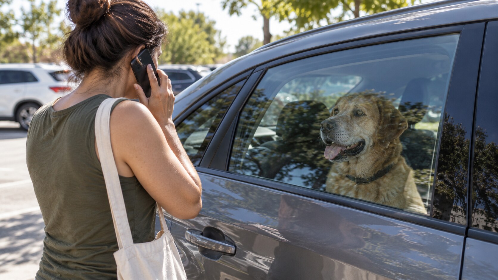 A passerby calls emergency services after seeing a dog in a parked car