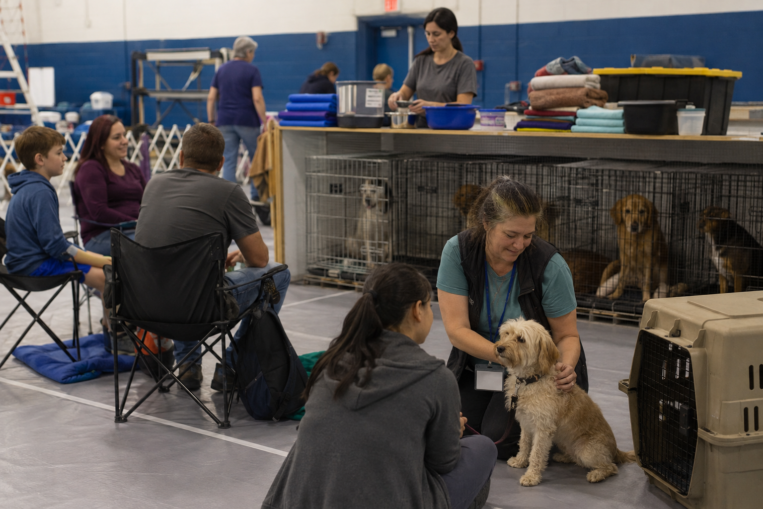Families and volunteers in a temporary evacuation shelter with a separate pet-care area