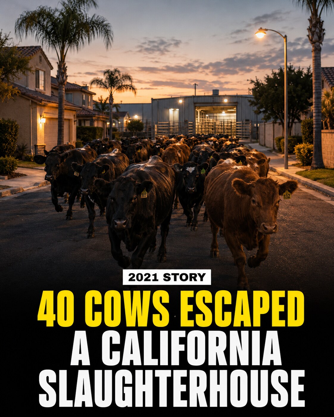 A herd of cattle running through a Southern California neighborhood in an illustrative reconstruction of the 2021 Pico Rivera escape.