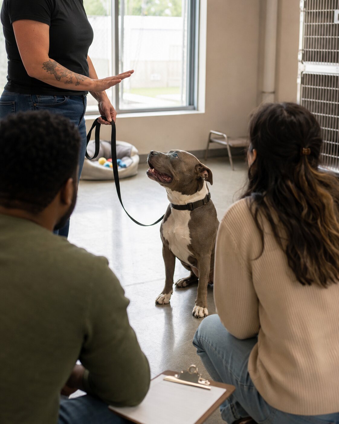 A shelter worker demonstrates calm handling of a pit bull-type dog to prospective adopters.