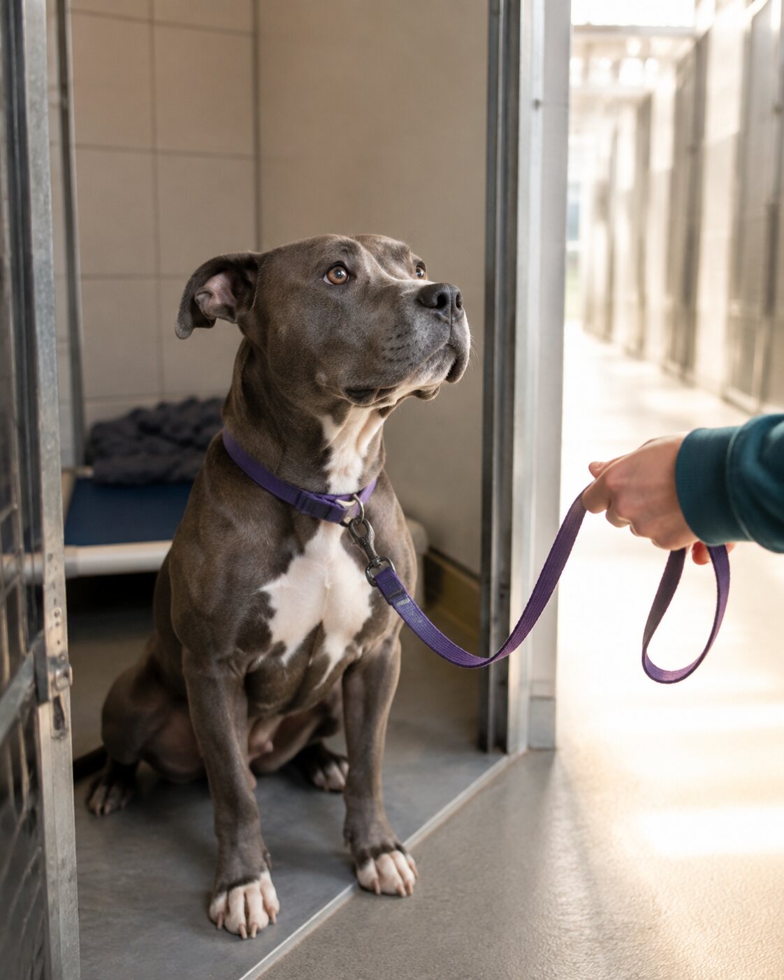 A calm pit bull-type dog waits beside an open shelter kennel as a volunteer holds a leash.