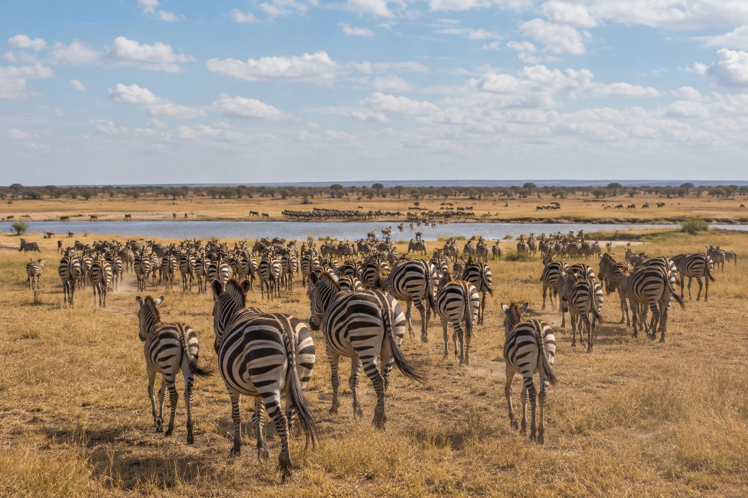 A large herd of plains zebras crossing grassland toward water
