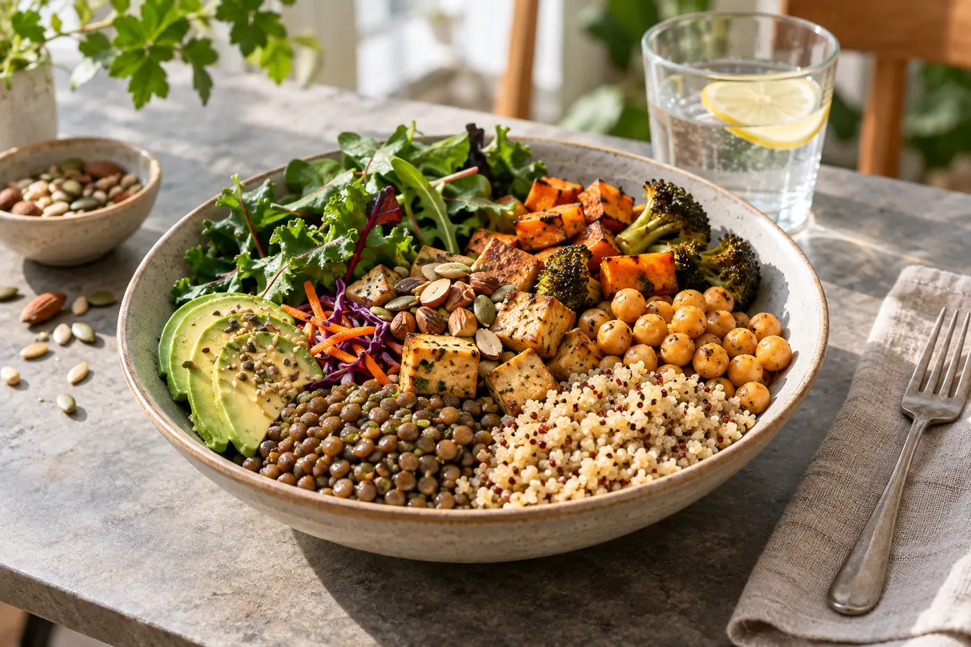 A bowl with lentils, chickpeas, tofu, quinoa, greens, roasted vegetables, nuts and seeds.