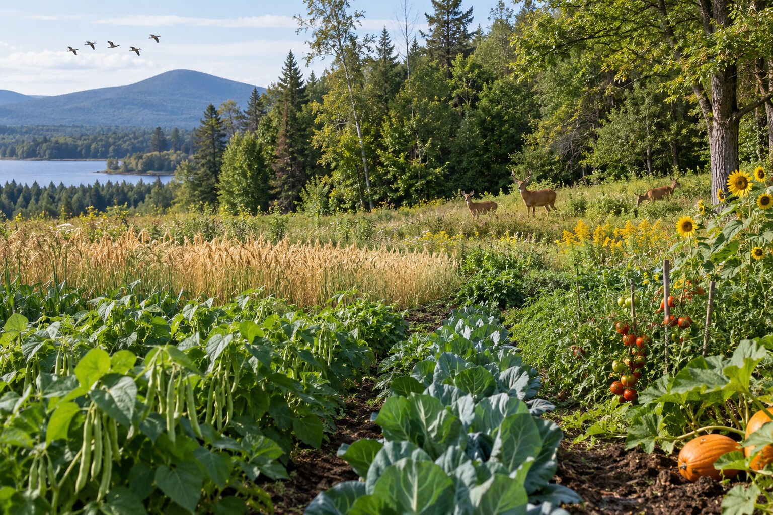 Plant-rich crops beside a forest edge where deer and birds live